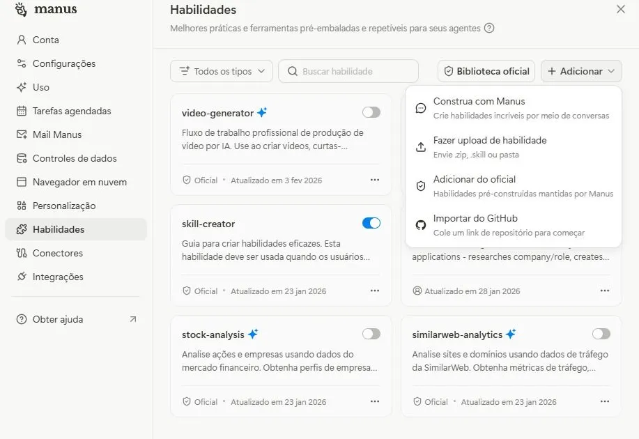 Claude Skills sem código: instalando skills via Manus AI